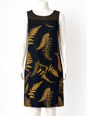 NEXT Navy & Gold Linen Shift Dress Botanical Print Pockets Size 12 EUC